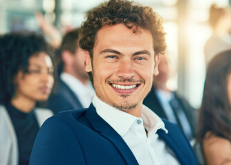 Portrait, smile and man in seminar, confident and listening to investment opportunity, happy and meeting. Workshop, proud and entrepreneur in conference, advice and networking for business and USA