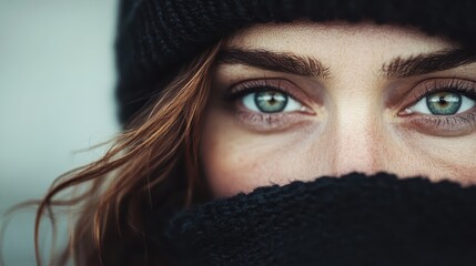 An artistic image capturing a partial view of auburn hair flowing gently, complemented by a dark knit hat, with a blurred background. Suitable for fashion or winter accessory themes.