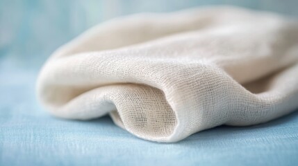 Poster - This shot features a folded piece of linen fabric resting on a gentle pastel blue background, showcasing the intricate texture and soft folds that enhance its natural beauty