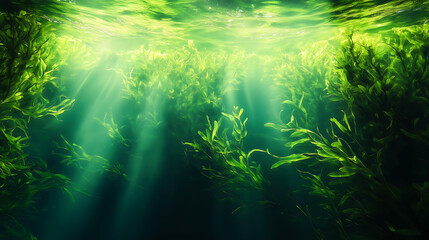 A calm subaquatic environment with flowing green seaweed, softly shimmering marine life