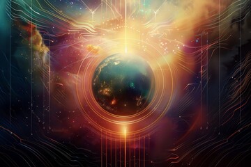 Fototapete - Futuristic digital representation of Earth in the universe, blending technology and cosmic elements to illustrate global connectivity and space exploration., Generative AI