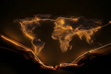 Poster - Hands interacting with a digital global network, symbolizing technology, international connectivity, and the seamless communication across the interconnected digital world., Generative AI