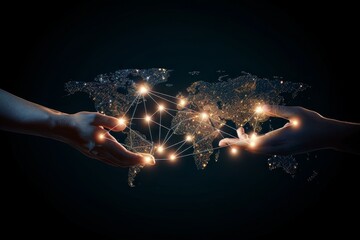 Poster - Hands interacting with a digital global network, symbolizing technology, international connectivity, and the seamless communication across the interconnected digital world., Generative AI