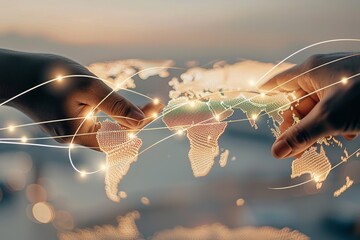 Poster - Hand interacting with a global network map, representing digital technology, international connectivity, and the interconnected nature of global communication., Generative AI