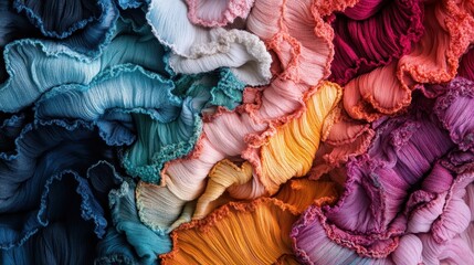 This striking image displays a close-up of textured fabric ruffles in an array of vibrant colors, showcasing artistic design, depth, and the beauty of textile art.