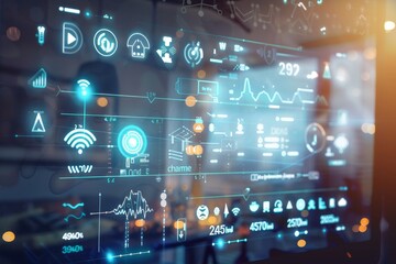 Leinwandbilder - Digital infographic screen displaying data and graphs, representing modern technology, information visualization, and data analysis in a high-tech environment., Generative AI