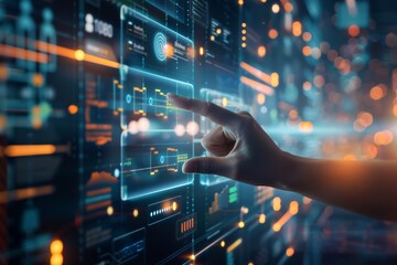Leinwandbilder - Finger interacting with a futuristic digital interface, symbolizing innovation, technology, and data management in a high-tech, connected world, Generative AI