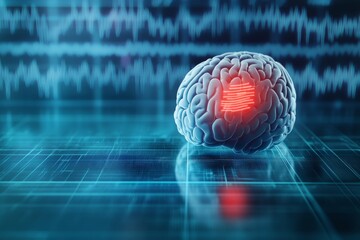 Poster - Digital illustration of human brain on dark blue background.