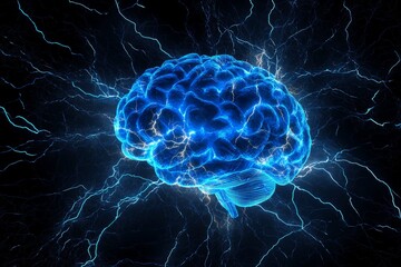 Wall Mural - Digital illustration of a human brain with electrical activity, flashes, and lightning.