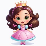 A cute cartoon princess with brown hair, a crown, and a pink dress, smiling happily.