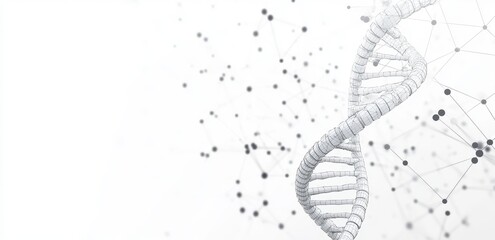 Poster - Illustration of the DNA helix in 3D. Mutations under the microscope. Decoding the genome. Research in biotechnology. High-tech in medicine.
