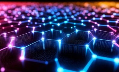 Poster - Blockchain data fields. Connect stream between networks. AI technology, digital communication, science research, 3D illustration of neural cells.
