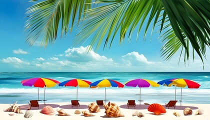 Vibrant tropical beach oasis with colorful umbrellas, lush palm leaves, and scattered seashells, embodying the essence of summer vacation and travel adventures