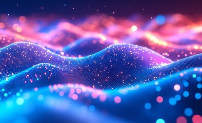 Poster - Information flow through neon strings as data particles. Three-dimensional illustration of digital sound vibrations