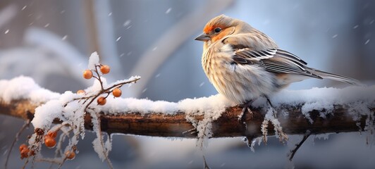 Canvas Print - a sparrow sits on a snowy tree branch in winter