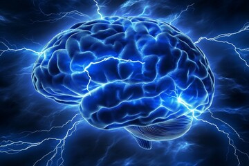 Poster - Illustration of a brain with electrical activity, flashes and lightning.
