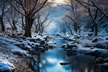 Wall Mural - Winter landscape with a river in the old dense forest in the fog