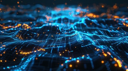 Poster - Abstract digital landscape with glowing blue lines and orange dots representing data flow and connectivity in a high tech environment