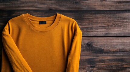 A neatly folded yellow long sleeve shirt placed on a richly textured wooden floor, offering a visually appealing scene for fashion or home decor imagery.