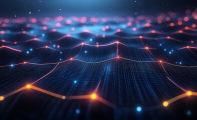 Poster - Big data flow on the Internet. Blockchain data fields. Connected network line flow. Computer vision, digital communication, scientific research and 3D illustration of neurons.