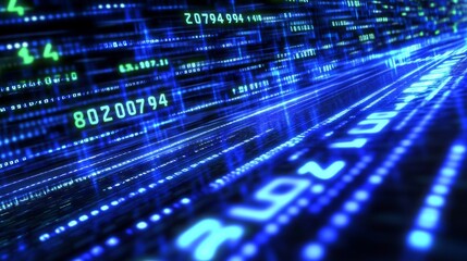 Poster - The wavy plane is filled with digital code elements. Wireless data loops. Cyber stripes. 3D illustration. Big data stream.