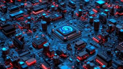 Poster - An illustration of a cyber architecture 3D model. Nanotechnology, neurotechnologies and internet structures. Microchips, circuits and smart objects. Quantum Processor and Big Data technology.