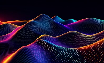 Poster - neon strings flow with data particles. 3d illustration of digital sound vibrations.