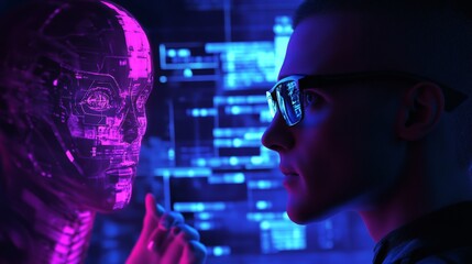 Poster - AI stock. Machine learning reactions and chat bots. Big data and blockchain technology. Neurolink with smart brains. Generative art imagery.