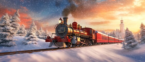 A vintage steam train travels through a snowy landscape at sunset.