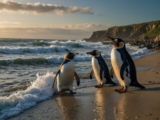 Wall Mural - Penguins observing the ocean waves from shore.