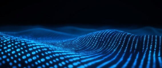 Poster - Terabytes of binary code flying through a wavy field of blockchains. Neural network, points and numbers 3D illustration.