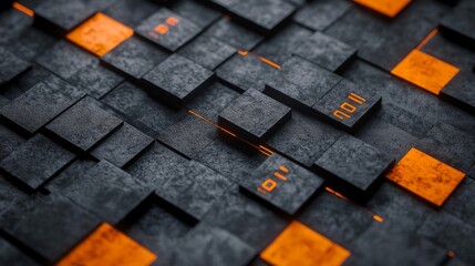 Poster - Networks, blockchains, binary code. Encoding, storing, and analyzing data. Global information field 3d illustration.