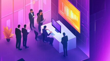 Poster - isometric image of small business group of people with an interactive screen