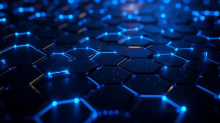 Poster - An hexagonal nano grid. A Molecular network of honeycombs connected by neural networks and the concept of nanotechnology and big data. Illustration of a particle field in cyberspace in 3D.