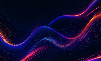 Poster - Flow of data particles in neon strings. A 3D illustration of a digital sound vibration.