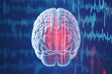 Poster - A dark blue background with a human brain. Digital illustration