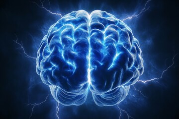 Poster - The human brain is depicted digitally with electrical activity, flashes and lightning on a blue background.