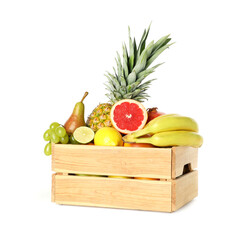 Poster - Many different fresh fruits in wooden crate isolated on white