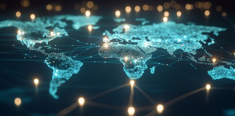 Poster - A map of continents abstracted illustrating globalization and geopolitics in a high-tech future. Bright, juicy colors depict communications and data exchange in a virtual network.