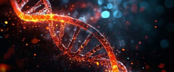 Poster - Scientific research. Genome decoding and medical innovation. 3D illustration of a DNA molecule under a microscope with an abstract, nanotechnology background.