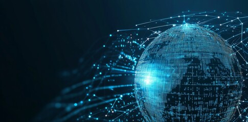 Poster - An illustration depicting a holographic globe in a 3D mesh. Business globalization, cyber security in a network, online sales.