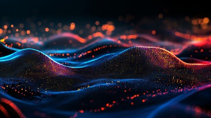 Poster - Blockchain big data field. Network line connect stream. Concept of stock, digital communication, science research, and 3D illustration of musical waves.