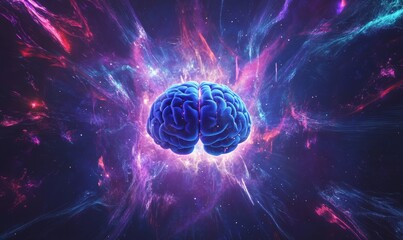 Poster - Future processor in nanotech computer network. 3D illustration of digital cyberspace with abstract neural network.