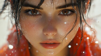 Poster - Close-Up Portrait of a Woman with Wet Hair and Water Drops