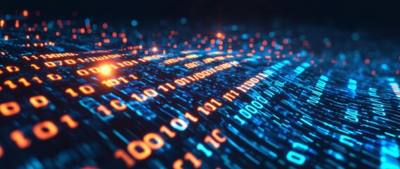 Poster - An illustration of a wavy field of coded blockchains along with neural networks, points, and numbers in 3D.
