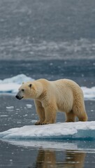 Wall Mural - Polar bear and cub walking on an ice floe.