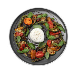 Poster - Tasty salad with grilled vegetables and mozzarella cheese isolated on white, top view