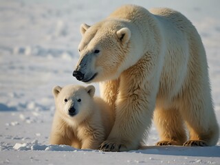 Wall Mural - Polar bear with cub against a white backdrop.