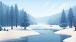 © Larysa - Winter landscape with snow-covered fir trees on the river bank and forest in the distance in 3D graphics style