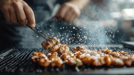 Chunks of chicken are being expertly grilled over hot coals, seasoned with spices, and cooked to perfection while in the background, a chef uses tongs to handle the meat.